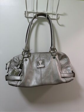 Tignanello Metallic Silver Leather Shoulder Bag with Logo Plaque and Tag